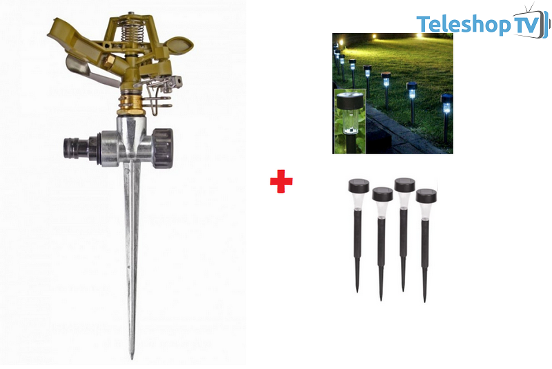 Pachet Gradina !!!! Aspersor metalic, rotativ + Set 4 lampi solare de gradina