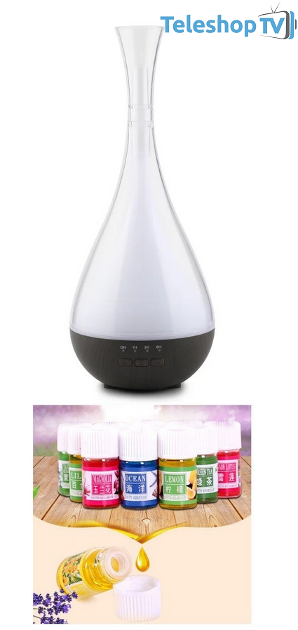 Difuzor aromaterapie si umidificator, 120 ml, joc de lumini, alimentare USB, lemn inchis, Andowl + SET 4 ULEIURI ESENTIALE PENTRU AROMATERAPIE, 4 X 10 ML