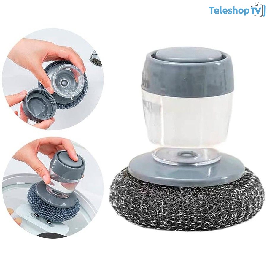 Dispozitiv cu burete din otel inoxidabil si dispenser pentru detergent vase