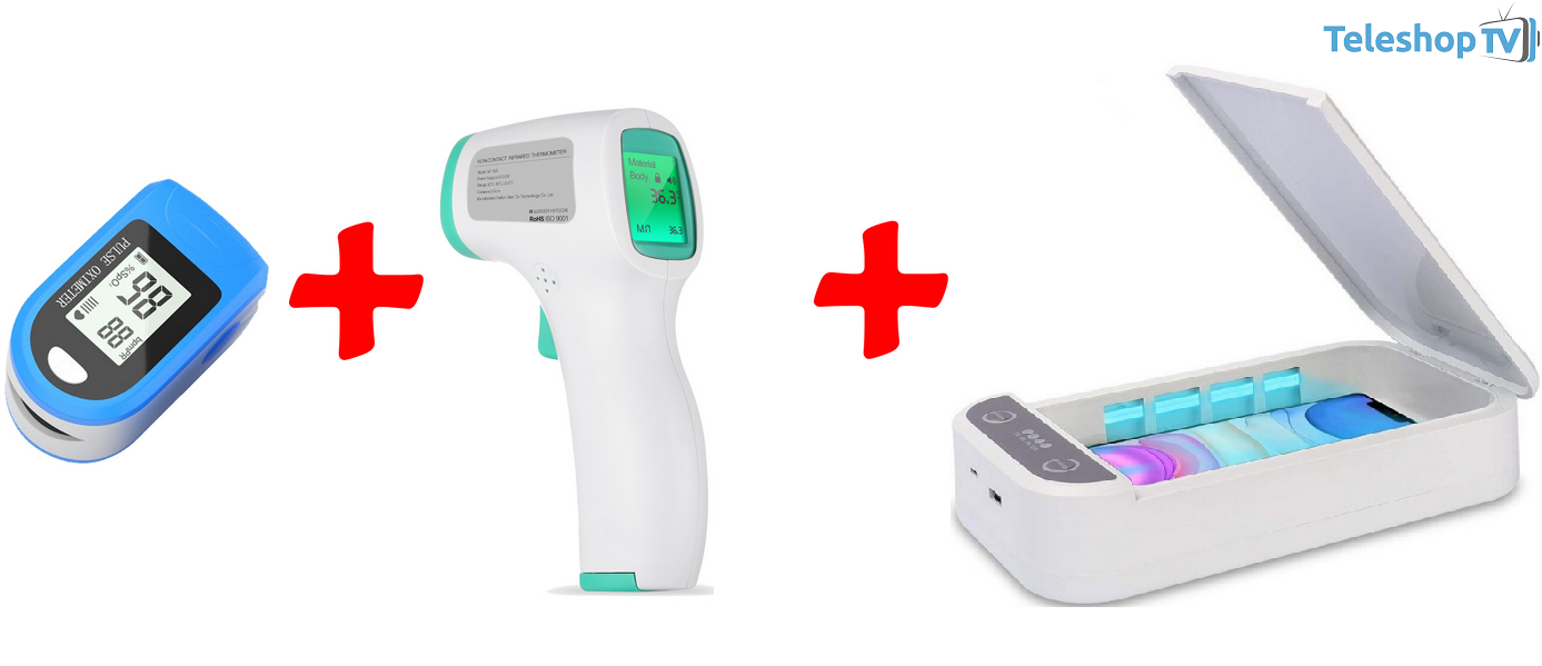 Pachet promotional Termometrul digital non-contact + Pulsoximetrul digital cu display + Sterilizator UVC 2 in 1, pentru telefon si obiecte mici , functie de incarcare USB