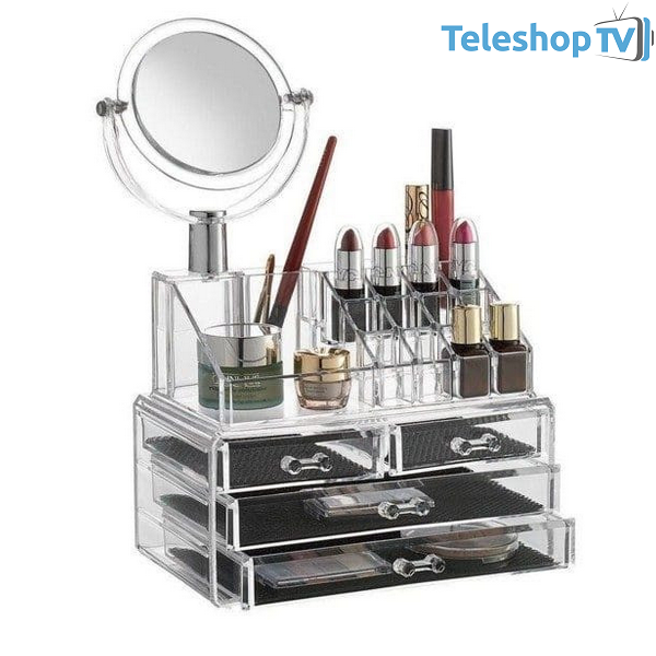 Organizator cosmetice cu oglinda si 4 sertare, acril
