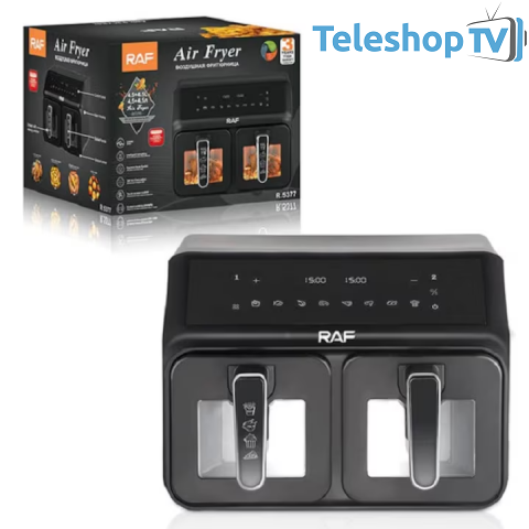 Friteuza digitala cu aer cald RAF R.5377, 2 cosuri cu geam, 9 litri, 2200 W, 9 Programe, Touch screen + CADOU CARTE DE RETETE