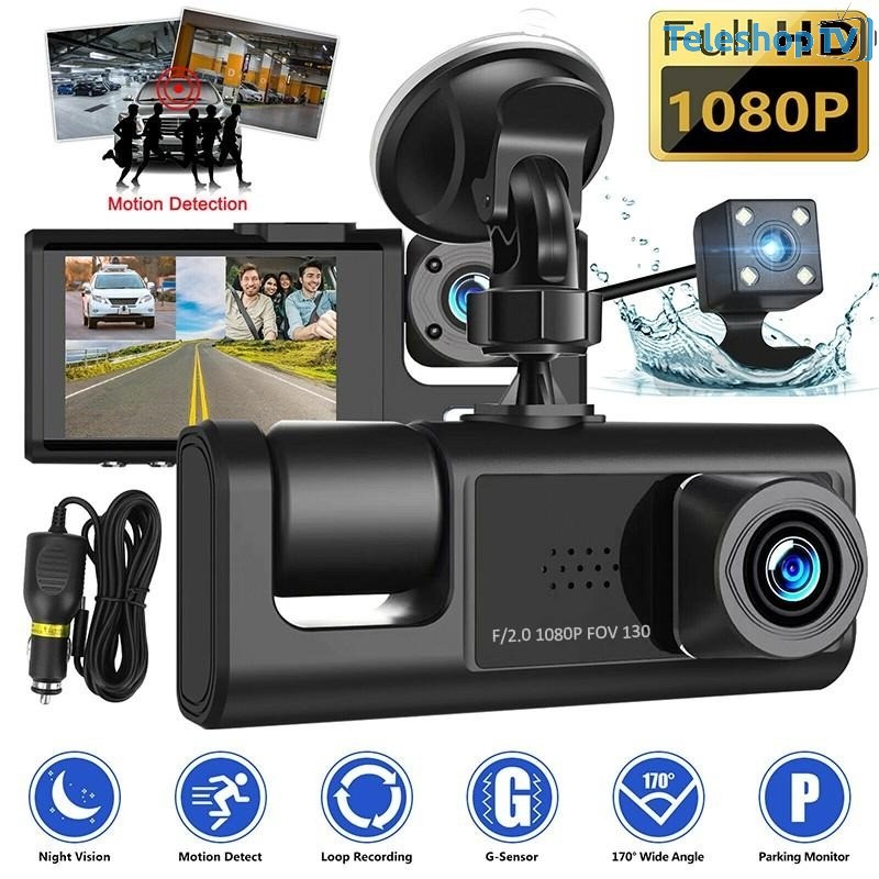 Camera DVR auto, Full HD 1080P, 3 lentile, Camp vizual ultra larg de 170°, Afisaj IPS 4", Viziune nocturna, Inregistrare duala, Inregistrare in bucla, Senzor G, Detectare miscare