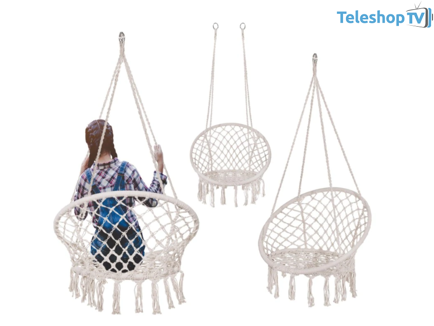 Scaun rotund tip leagan suspendat pentru casa sau gradina, cu franjuri, 100kg